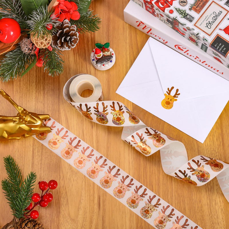 Whaline Christmas Deer Stickers Roll Laser Seal Stickers Cartoon Reindeer Waterproof Self-Adhesive Decals for Envelope Journal Decor Xmas Winter Holiday, 500 Pcs - Image 3